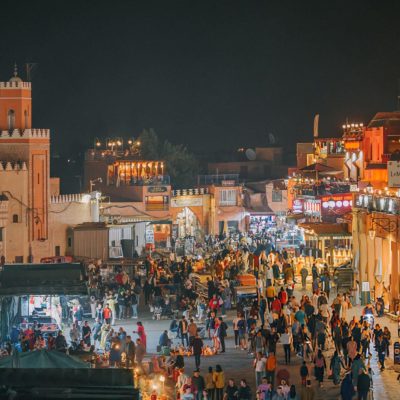 High angle view Djemma El Fna Marrakech, Morocco by Night stock photo